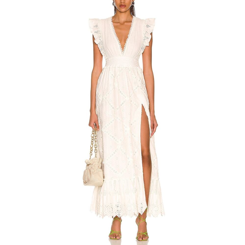 Hemant and Nandita Cream Eyelet Maxi Dress with Deep V & High Slit
